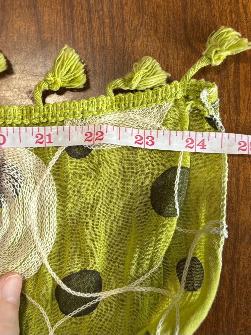 Tickled Pink 100% cotton Lime Green Polka Dot Scarf/ White Embroidery & Tassels